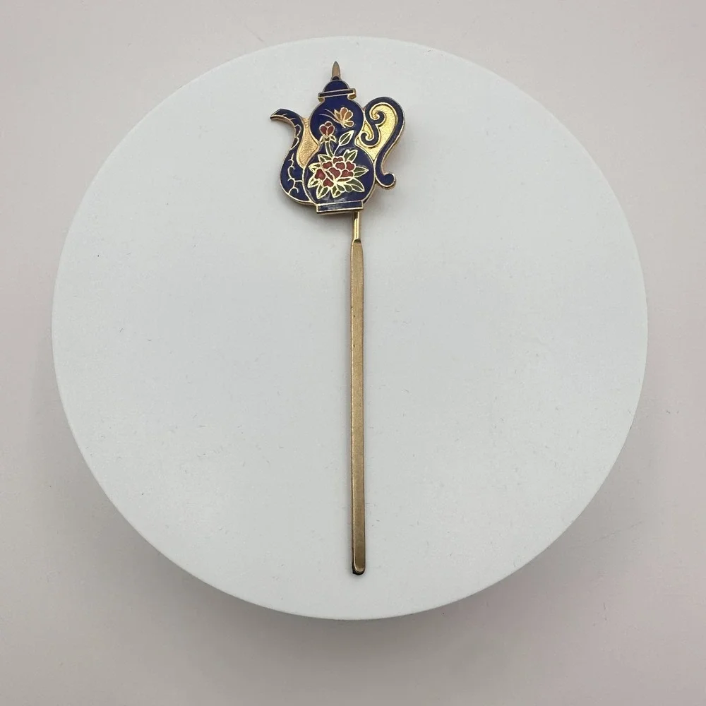 Vintage 90s Cloisonne Teapot‎ Hair Sticks Gold Tone Blue Enamel Women's Jewelry